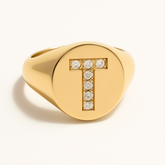 "T" 9ct yellow gold diamond set initial T signet ring